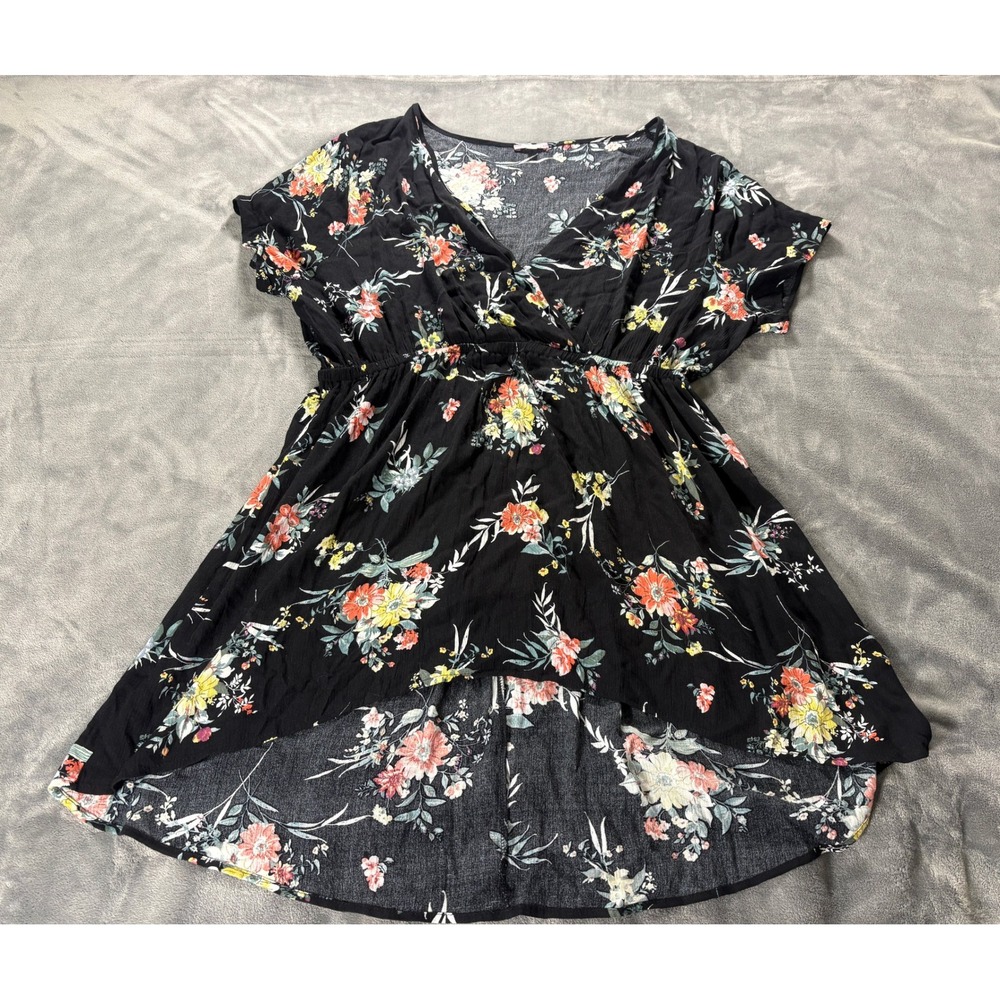 Mauve Floral Tunic Top Womens 2X Plus Black Surplice High Low V-Neck Boho Blouse